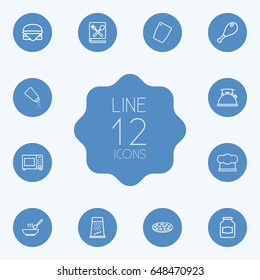 Set Of 12 Kitchen Outline Icons Set.Collection Of Microwave, Jug, Soup And Other Elements.