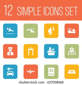Set Of 12 Land Icons Set.Collection Of Aviator, Letdown, Aircraft And Other Elements.