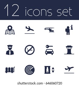 Set Of 12 Land Icons Set.Collection Of Radiolocator, Letdown, Air Traffic Controller And Other Elements.