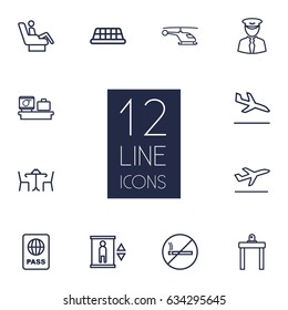 Set Of 12 Land Outline Icons Set.Collection Of Pilot, Business Class, Airport Security And Other Elements.