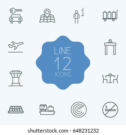 Set Of 12 Land Outline Icons Set.Collection Of Detection, Data, Luggage Check And Other Elements.