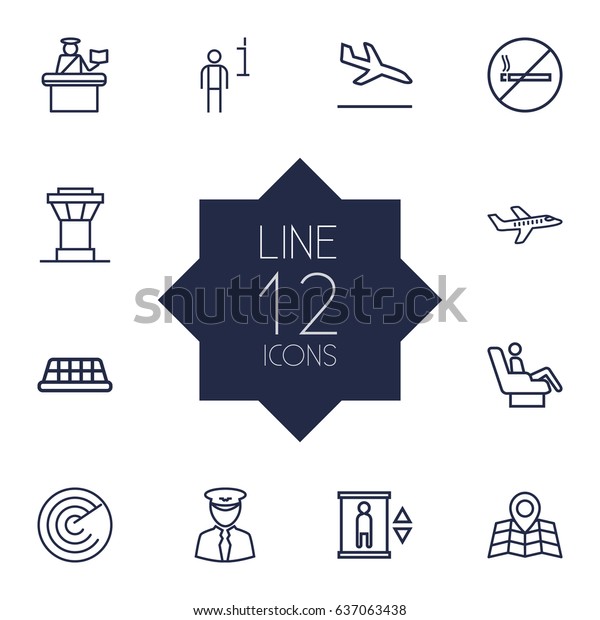 Set Of 12 Land\
Outline Icons Set.Collection Of Pilot, Elevator, Passport\
Controller And Other\
Elements.