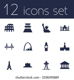 Set of 12 landmarks icons set. Collection of tienanmen square, space needle, statue of liberty and other elements.