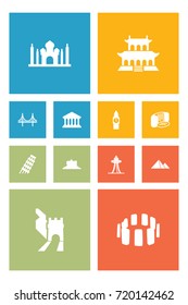Set Of 12 Landmarks Icons Set.Collection Of The Forbidden City, Waterfall, India Mosque And Other Elements.