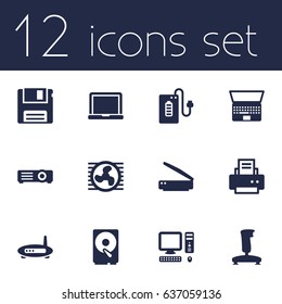 Set Of 12 Laptop Icons Set.Collection Of Computer, Hard Disk, Router And Other Elements.