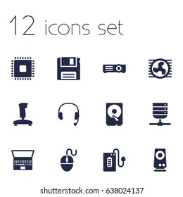 Set Of 12 Laptop Icons Set.Collection Of Notebook, Amplifier, Diskette And Other Elements.
