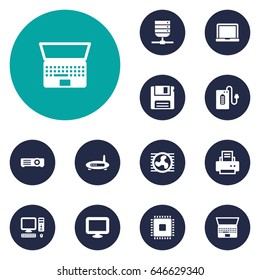 Set Of 12 Laptop Icons Set.Collection Of Supply, Notebook, Diskette And Other Elements.