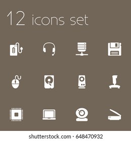 Set Of 12 Laptop Icons Set.Collection Of Control Device, Photocopy, Laptop And Other Elements.