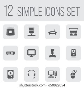 Set Of 12 Laptop Icons Set.Collection Of Show, Hard Disk, Notebook And Other Elements.