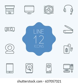 Set Of 12 Laptop Outline Icons Set.Collection Of Cooler, Powerbank, Monitor And Other Elements.