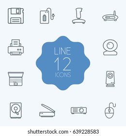 Set Of 12 Laptop Outline Icons Set.Collection Of Speaker, Scanner, Floppy And Other Elements.