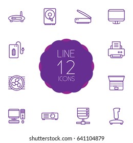 Set Of 12 Laptop Outline Icons Set.Collection Of Laptop, Cooler, PC And Other Elements.