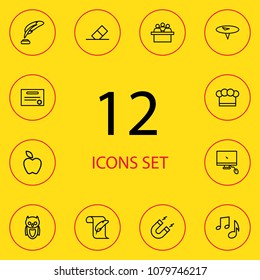 Set of 12 learning icons line style set. Collection of owl, cooking, magnet and other elements.