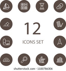 Set of 12 learning icons line style set. Collection of accounting, magnifier, geography and other elements.