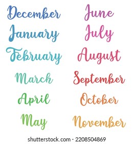 A set of 12 lettering inscriptions - the names of all the months of the year. Multicolored.