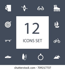 Set Of 12 Lifestyle Icons Set.Collection Of Peak, Surfing, Ship And Other Elements.