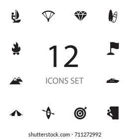 Set Of 12 Lifestyle Icons Set.Collection Of Surfing, Canoe, Dart And Other Elements.