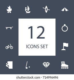 Set Of 12 Lifestyle Icons Set.Collection Of Jewellery, Surfer, Skateboard And Other Elements.