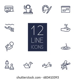 Set Of 12 Lifestyle Outline Icons Set.Collection Of Camping, Dj, Diving And Other Elements.