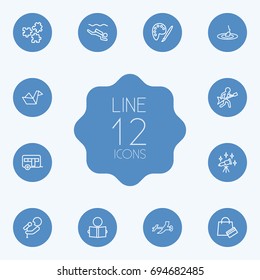 Set Of 12 Lifestyle Outline Icons Set.Collection Of Fishing, Puzzle, Musician And Other Elements.