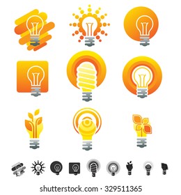 Set of 12 light bulb icons, electricity symbols and silhouettes. 
