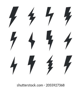 Set of 12 Lightning flat icons. Thunderbolts icons isolated on white background. Vector illustration