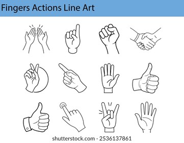 A set of 12 line art illustrations depicting various hand gestures, including high five, pointing, fist, handshake, pinky swear, thumbs up, and more.