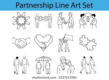 A set of 12 line art illustrations depicting various forms of partnership, including teamwork, collaboration, support, and shared goals. The illustrations feature handshakes, joined hands, heartshaped