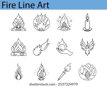 A set of 12 line art illustrations depicting fire in various forms, including flames, a campfire, a candle, and a phoenix.