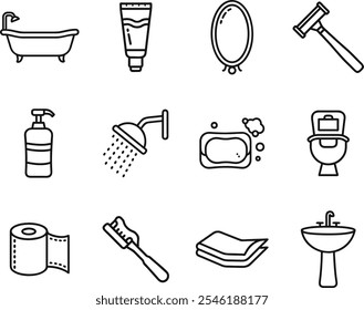 A set of 12 line drawings depicting common bathroom items, including a shower, tub, toilet, sink, mirror, soap, razor, lotion, towel, and trash can.