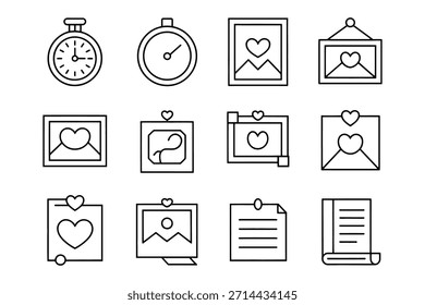 Conjunto de 12 ícones de linha representando amor, tempo, memórias, documentos em estilo de contorno