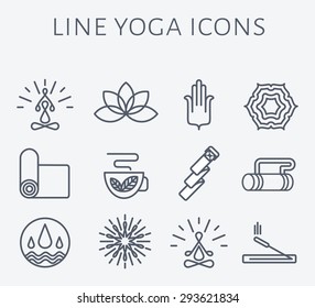 Set of 12 line Yoga icons. Spa and wellness symbols. Alternative medicine signs.