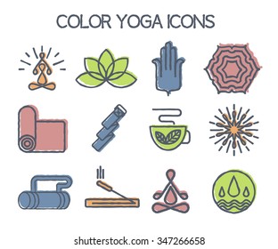 Set of 12 line Yoga icons.
Hand draw style and nice calm colors. 