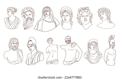 Set of 12 linear antique statues. Ancient sculpture of goddesses and gods. Greece mythology. Antique classic line art for fashion t-shirt, printing, poster, tatoo. Vector collection