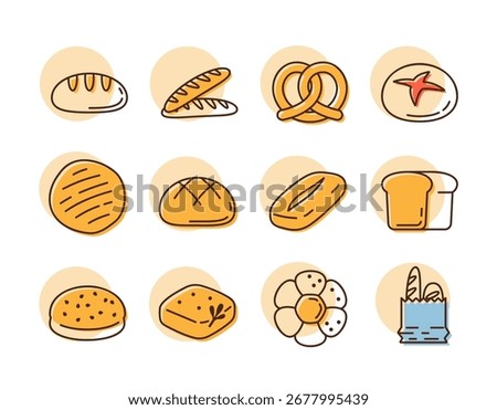 A set of 12 linear icons with partial color fills, featuring various types of bread, baguettes, and baked goods. Perfect for bakery, cafe, and food-related designs.