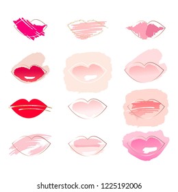 Set of 12 lips. Golden linear lips, rose, white, pink brush strokes on a white background.