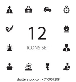 Set Of 12 Logistic Icons Set. Collection Of Forbidden, Shopping, Siren And Other Elements.