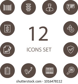 Set of 12 logistic icons line style set. Collection of clipboard, tax, cycle and other elements.