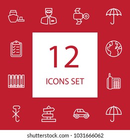 Set of 12 logistic icons line style set. Collection of car, pallet, satellite and other elements.