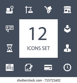 Set Of 12 Logistic Icons Set.Collection Of Sandwatch, Store, Contract Elements.