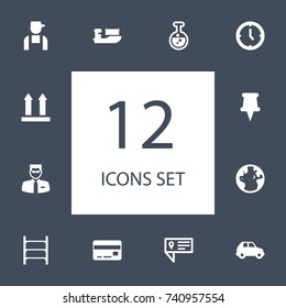 Set Of 12 Logistic Icons Set.Collection Of Bodyguard, Pushpin, Globe And Other Elements.