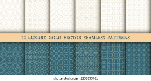 A set of 12 luxurious geometric gold patterns for printing and design, golden lines on a white and green, emerald background. Modern and stylish patterns