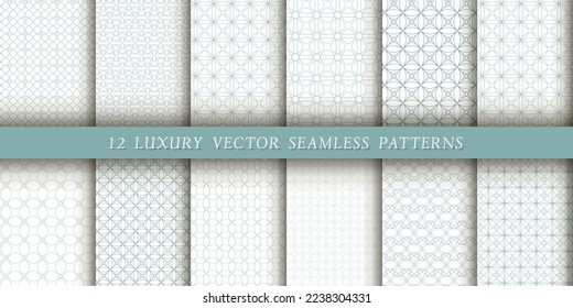 A set of 12 luxurious geometric patterns for printing and design, gray-blue lines on a white background. Modern and stylish patterns