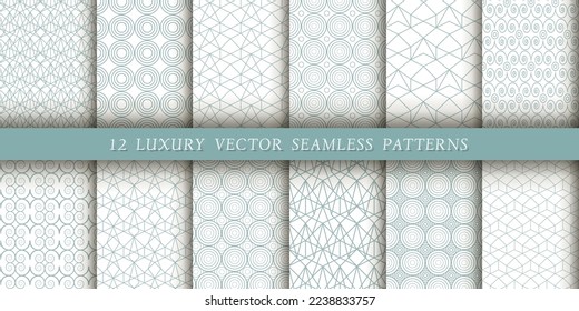 A set of 12 luxurious geometric patterns for printing and design, gray-blue lines on a white background. Modern and stylish patterns