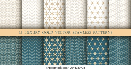 Set of 12 luxurious vector endless  patterns. Geometrical patterns on a white and emerald background. Modern illustrations for wallpapers, flyers, covers, banners, minimalistic ornaments, backgrounds
