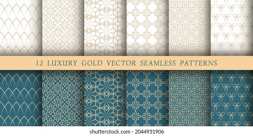 Set of 12 luxurious vector endless  patterns. Geometrical patterns on a white and emerald background. Modern illustrations for wallpapers, flyers, covers, banners, minimalistic ornaments, backgrounds
