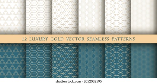 Conjunto de 12 lujosos patrones vectoriales interminables. Patrones geométricos sobre un fondo blanco y esmeralda. Ilustraciones modernas para papeles pintados, volantes, portadas, pancartas, ornamentos minimalistas, fondos.
