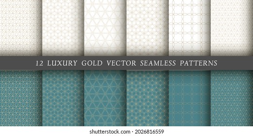 Set of 12 luxurious vector ornamental  patterns. Gold floral patterns on a white and emerald background. Modern illustrations for wallpapers, flyers, covers, banners, minimalistic ornaments, backgroun