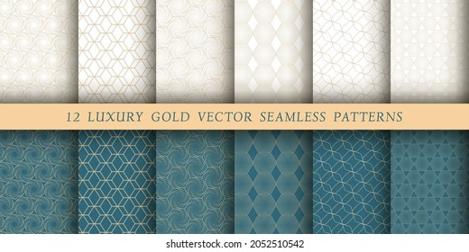 Conjunto de 12 lujosos patrones vectoriales. Patrones geométricos sobre un fondo blanco y esmeralda. Ilustraciones modernas para papeles pintados, volantes, portadas, pancartas, ornamentos minimalistas, fondos.