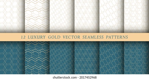 Set of 12 luxurious vector seamless patterns. Geometrical patterns on a white and emerald background. Modern illustrations for wallpapers, flyers, covers, banners, minimalistic ornaments
